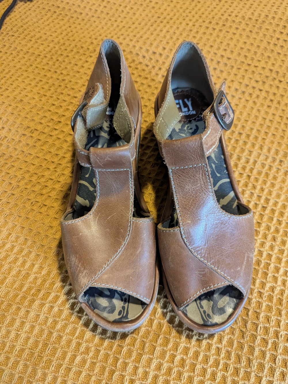 Fly London Brown Leather Peep-Toe T-Strap Heels, 38